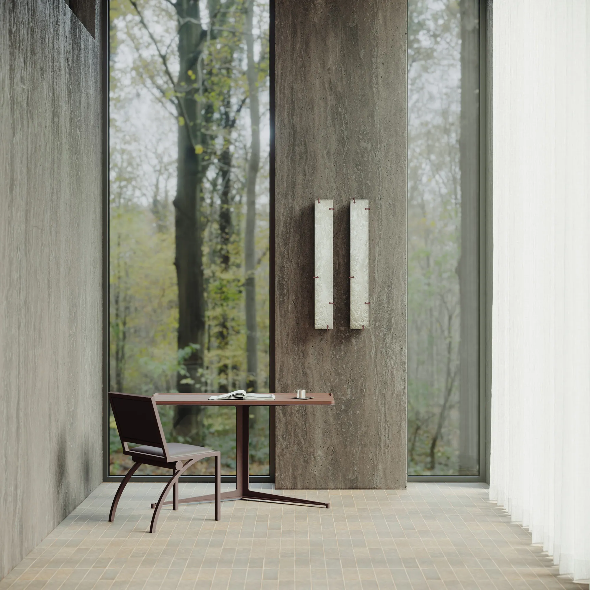 Agraphe wall lamps above a Pupitre desk in a quiet architectural interior