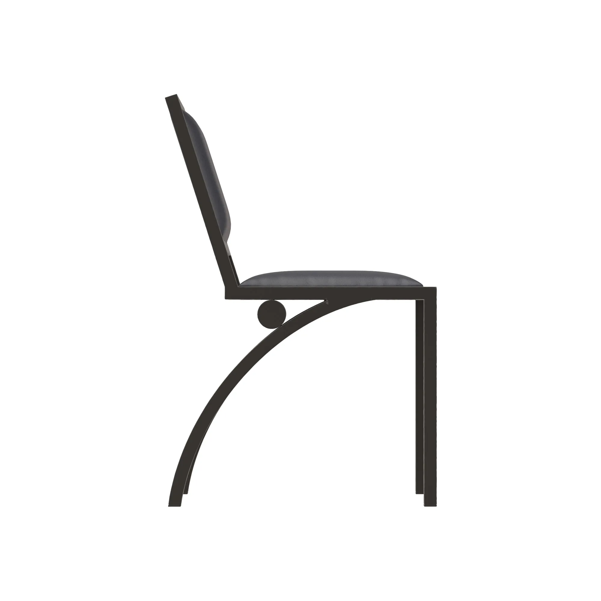 Side profile of the Cylindre chair showing its curved rear legs and leather cushions