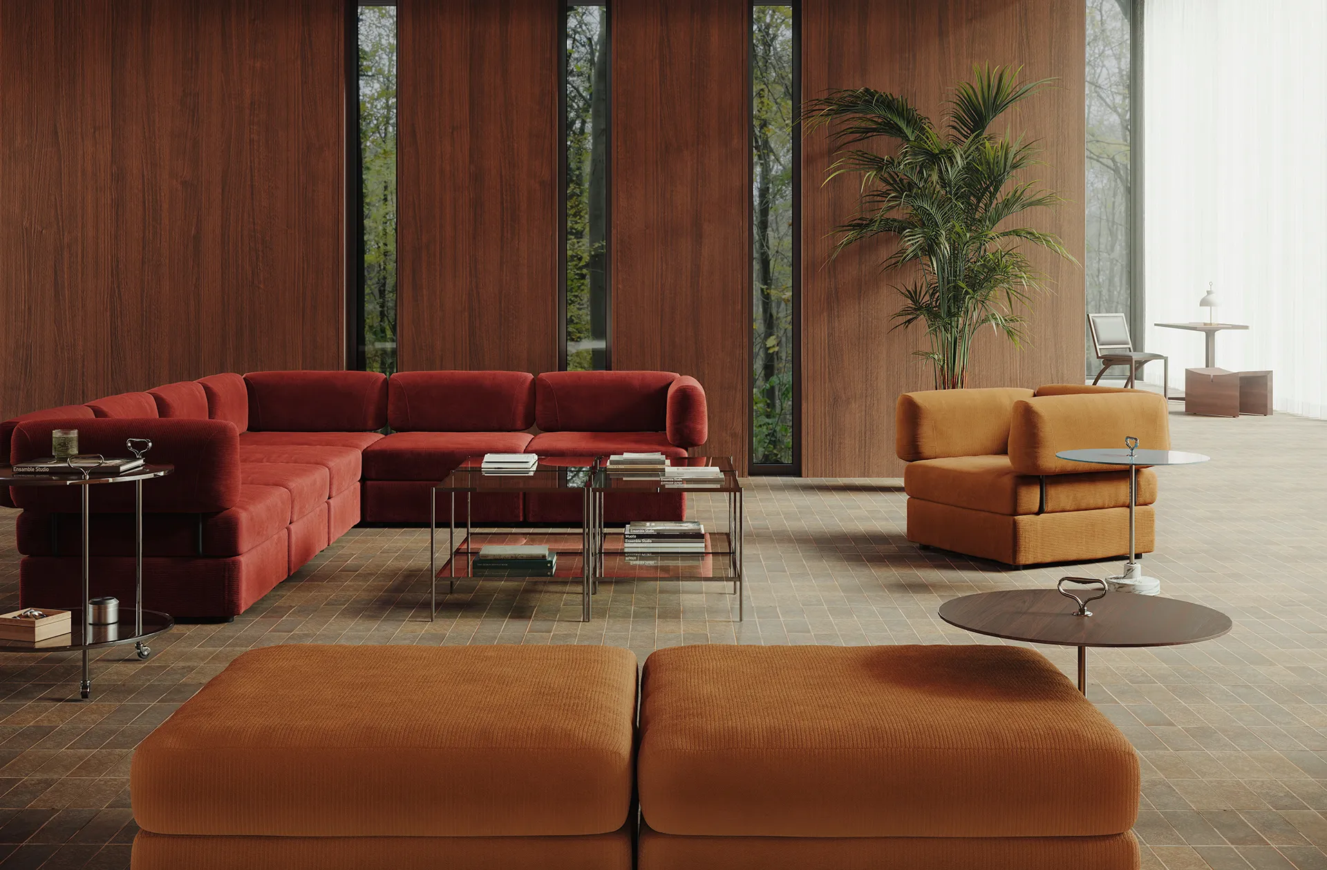 Red sectional sofa and ochre seating arranged with TATO tables and lighting in a wood-panelled lounge