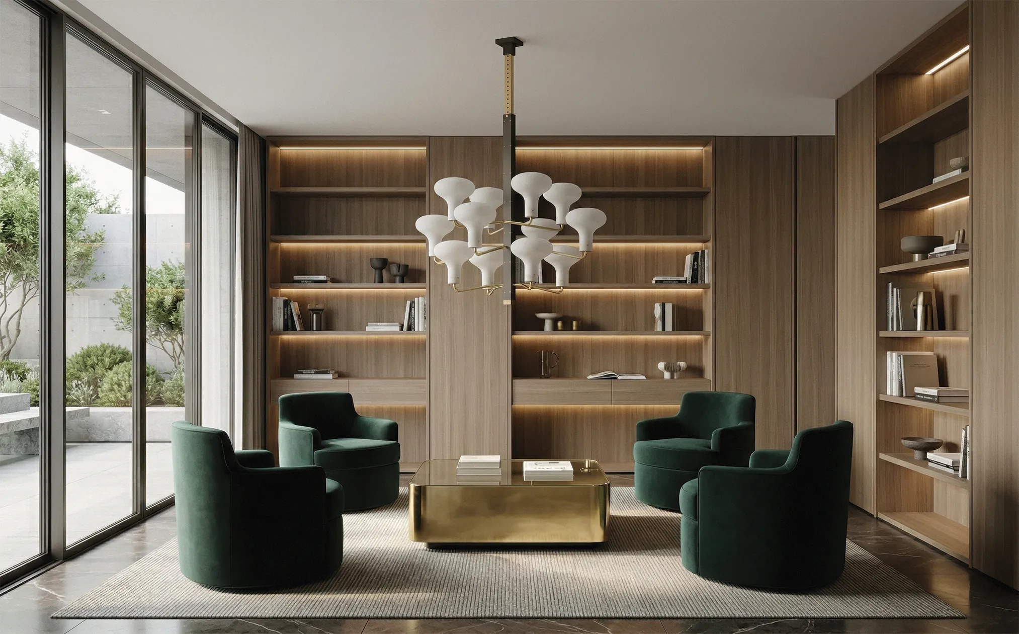 Sculptural white chandelier above green armchairs and a brass coffee table in a wood-panelled lounge