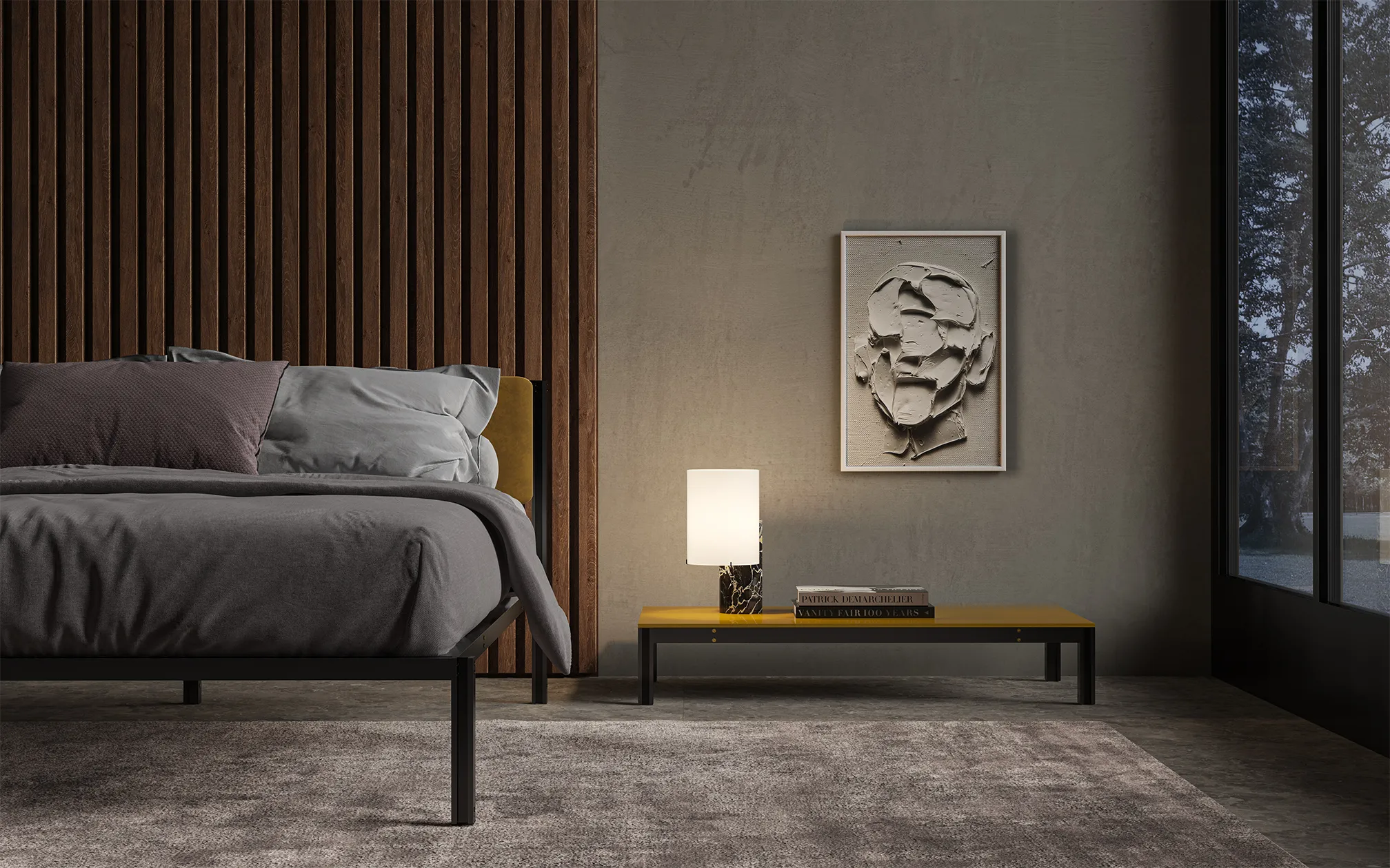 Glowing table lamp beside a grey bed and timber-panelled wall in a quiet bedroom