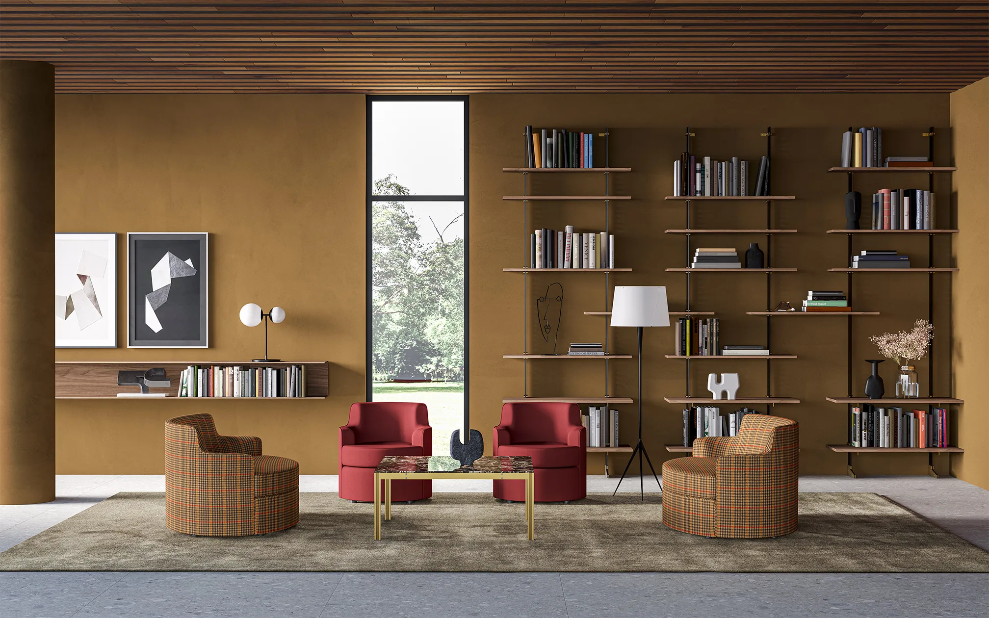 Red armchairs, plaid lounge chairs and TATO lamps in a warm library with open shelving