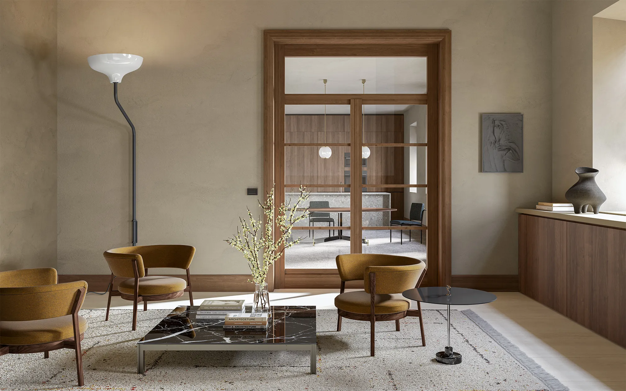 White-shaded floor lamp beside ochre lounge chairs and a marble coffee table in a sunlit living room