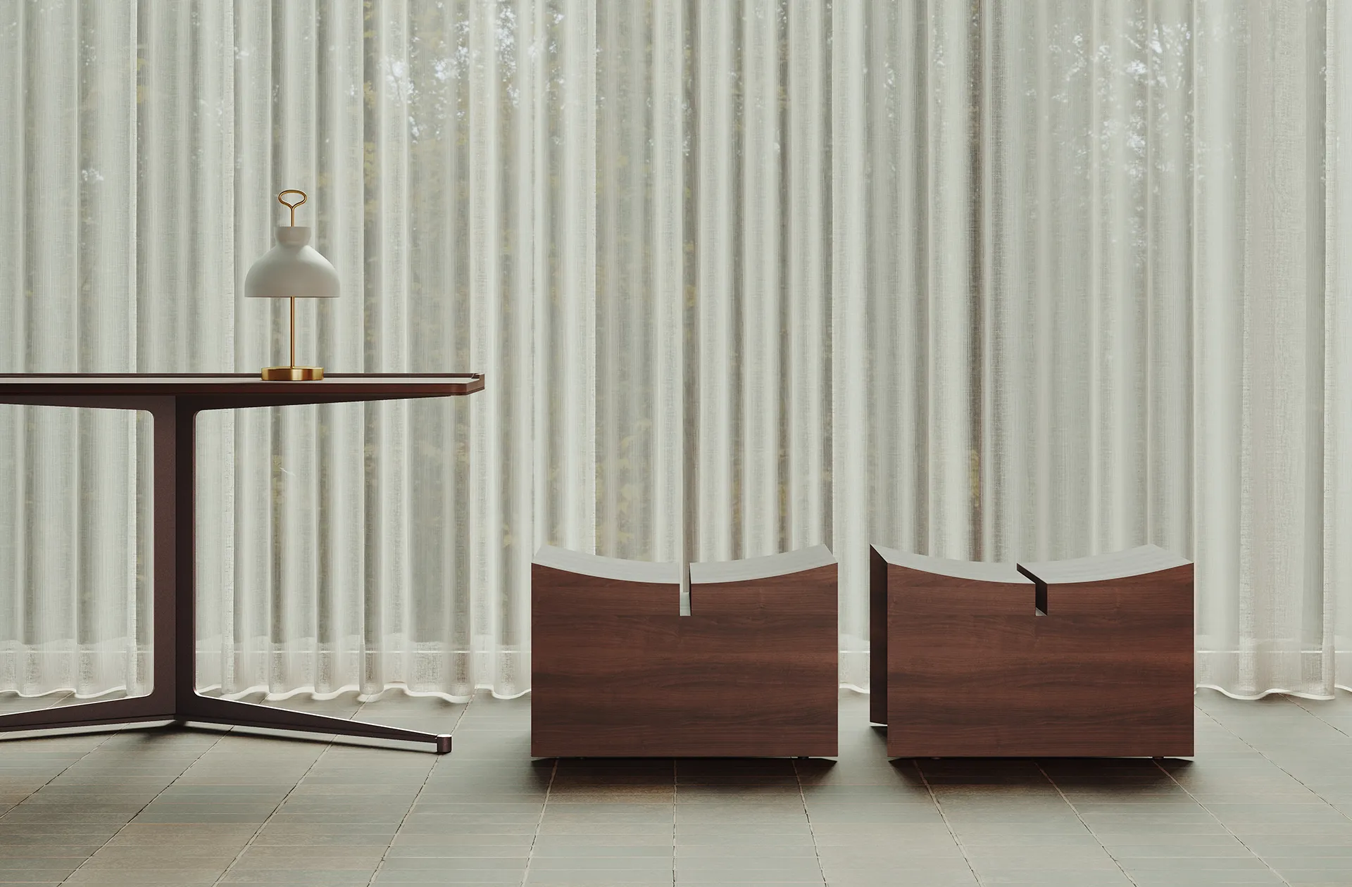 White table lamp on a dark wood console beside two sculptural wooden stools and sheer curtains
